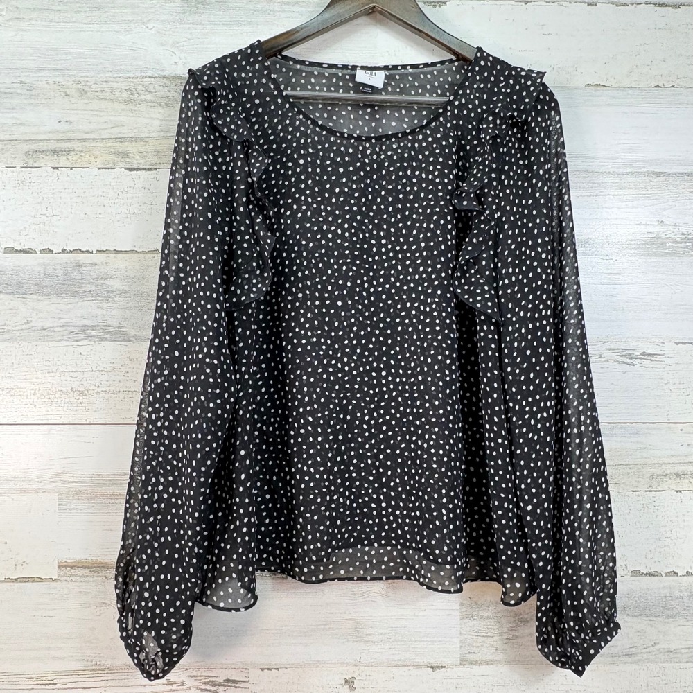 Cabi Sinatra Black White Polka Dot Ruffle Chiffon Blouse Top 3956 Large Long Slv